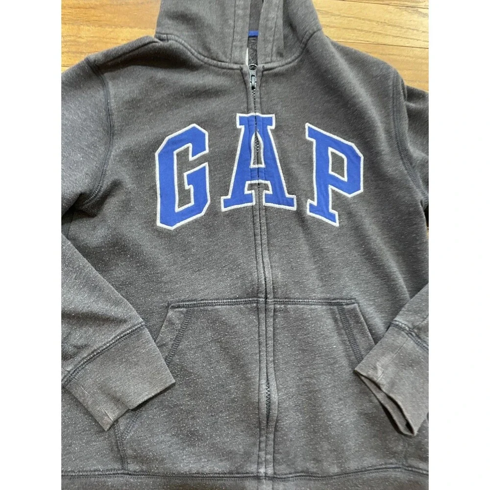 Gap Kids Large L Gray Full Zip Hoodie Logo Fleece Sweatshirt Charcoal Blue
